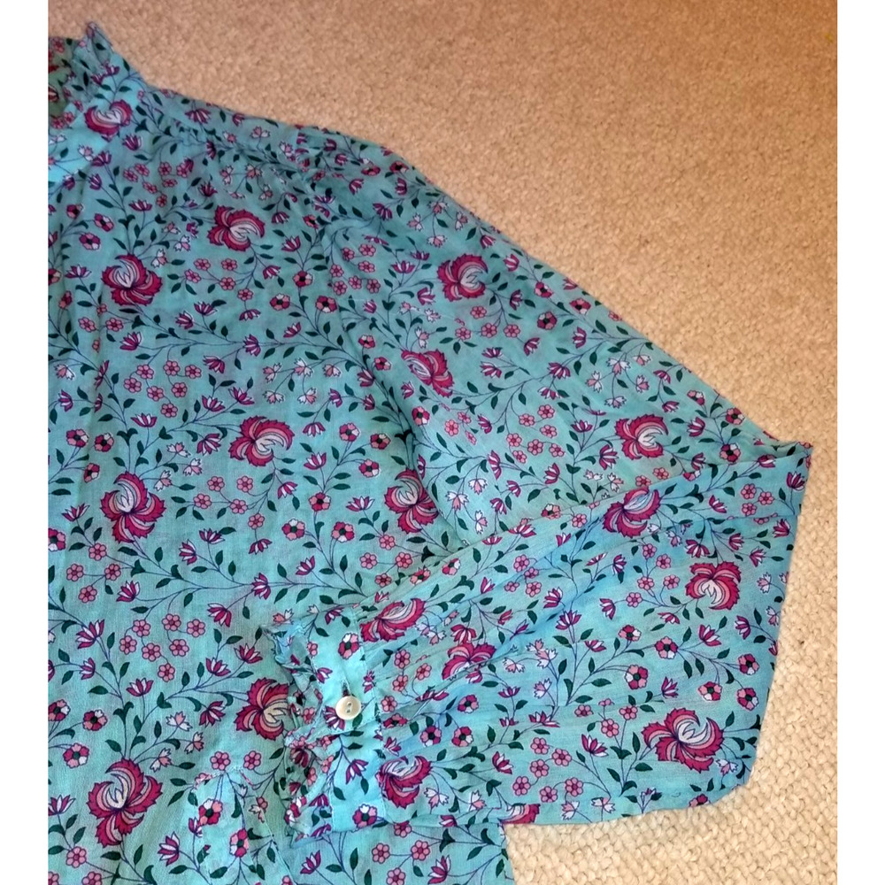 Womens Top-BANJANAN-blue/pink floral button-up ruffled Cottagecore Coastal-M - Picture 3 of 4